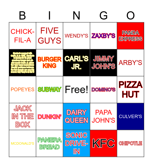 Fast Food Bingo Card