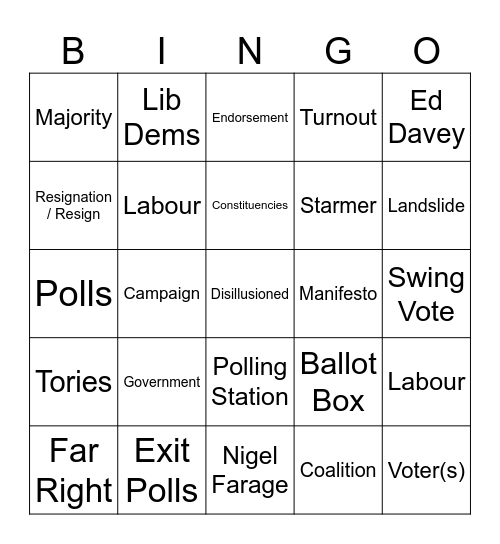 General Election 4 July 2024  Bingo Card