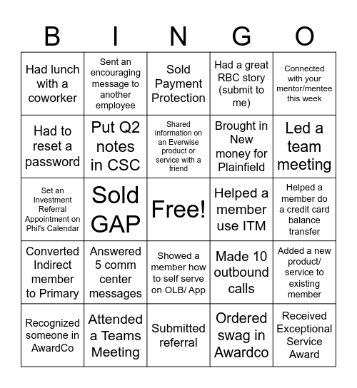 Plainfield Bingo Card