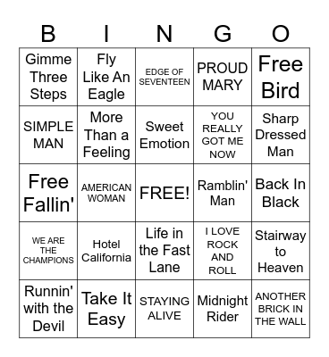 Classic Rock Songs Bingo Card