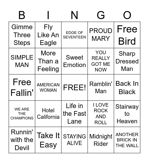 Classic Rock Songs Bingo Card