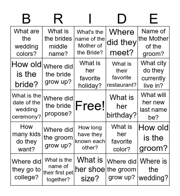 Ashuah's Bridal Shower Bingo Card
