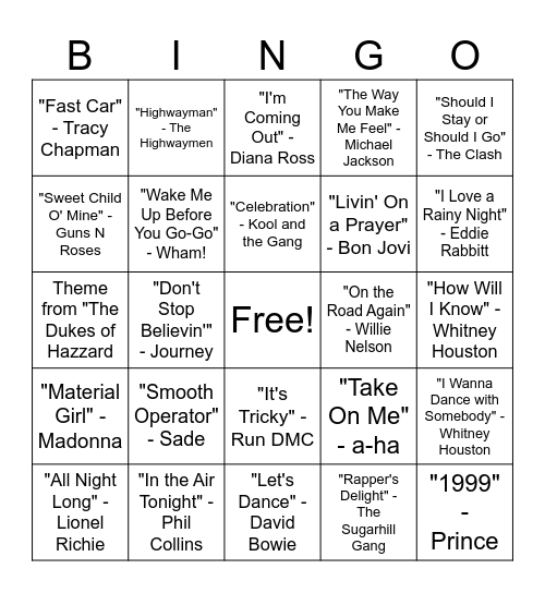 80s Bingo Card