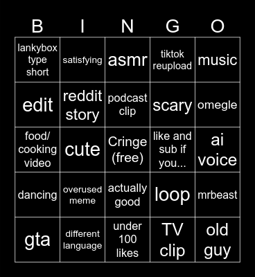 youtube shorts bingo Card