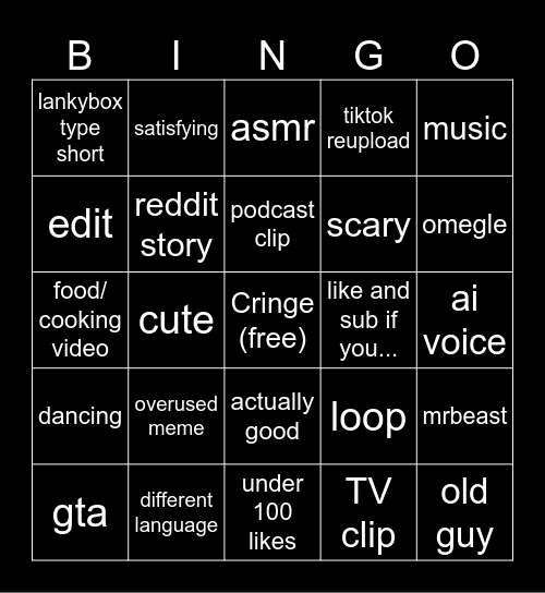 youtube shorts bingo Card