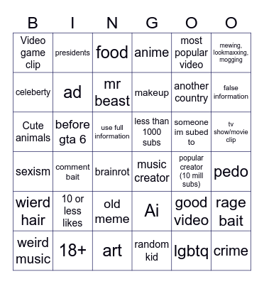 Youtube Shorts Bingo! Bingo Card
