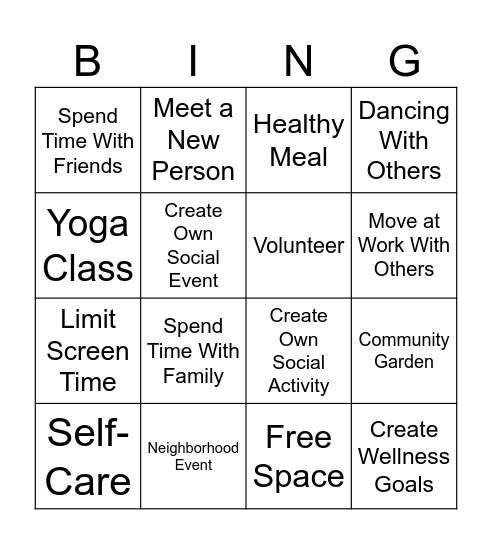 Social Wellness Bingo Card