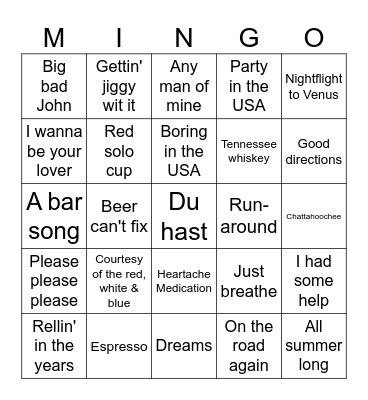 4th Of July Music Bingo Card