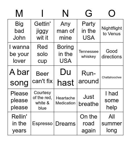 4th Of July Music Bingo Card