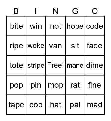 Word Pairs With & Without Silent "e" Bingo Card