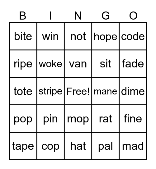 Word Pairs With & Without Silent "e" Bingo Card