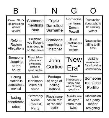 General Election 2024 Bingo Card