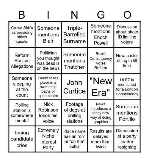 General Election 2024 Bingo Card