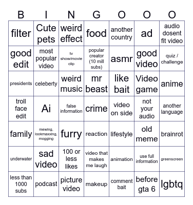Youtube Shorts Bingo! Bingo Card