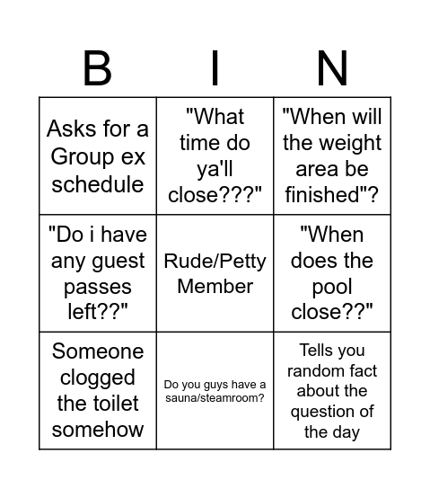 YMCA Front Desk Bingo Card