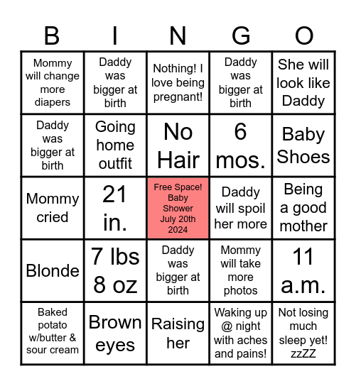 Mommy to-be Bingo Card
