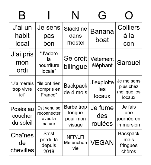 Backpacker Bingo Card