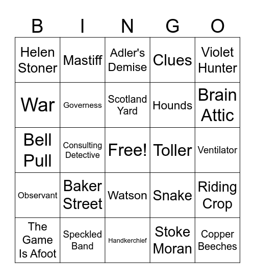 Sherlock Holmes Bingo Game Bingo Card