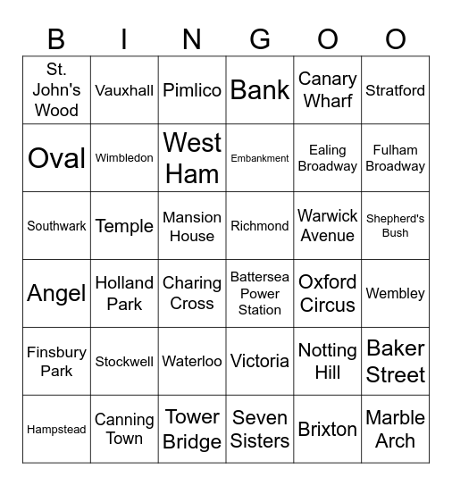 London Underground Bingo Card