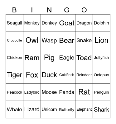 Animals Bingo Card