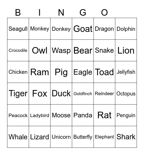 Animals Bingo Card