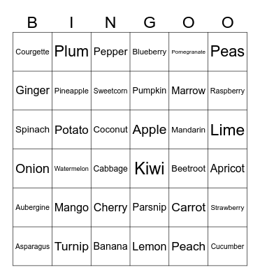 Fruit n Veg Bingo Card
