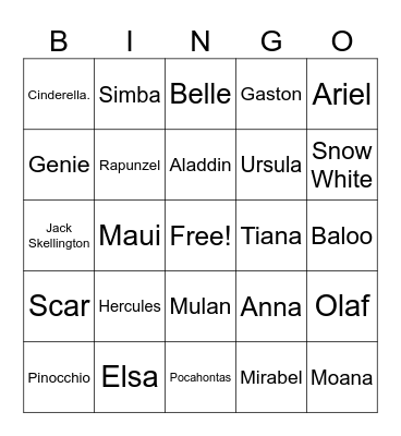 Disney Character Bingo Card