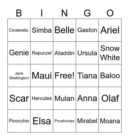 Disney Character Bingo Card