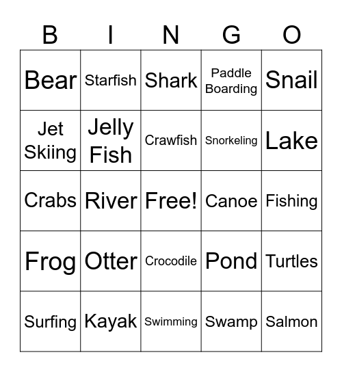 Wet N Wild Bingo Card