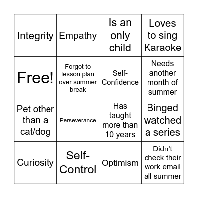 Thrivers Bingo Card