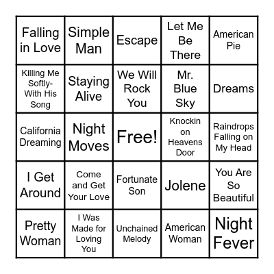 60's & 70's Musical Bingo Card