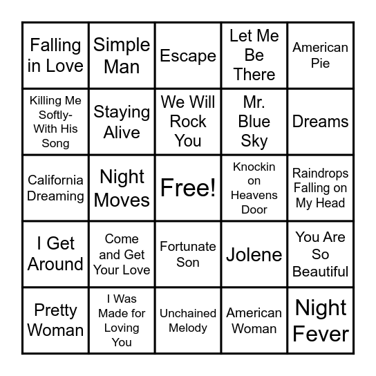 60's & 70's Musical Bingo Card