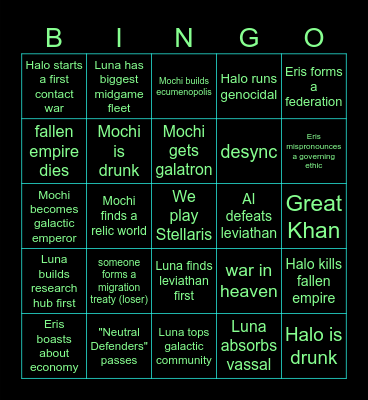 Drunk Idiot Stellaris Bingo Card