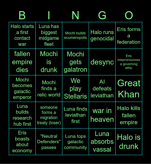 Drunk Idiot Stellaris Bingo Card