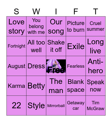 Taylor Swift song Bingo Card