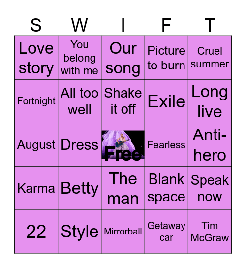 Taylor Swift song Bingo Card