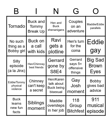 General 9-1-1 Season 8 Bingo Card