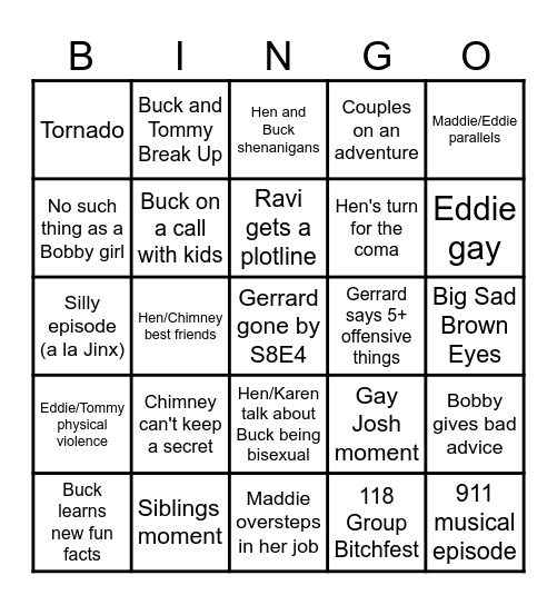 General 9-1-1 Season 8 Bingo Card