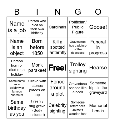 Cemetery Bingo Card