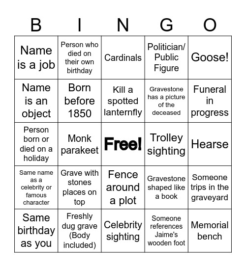 Cemetery Bingo Card