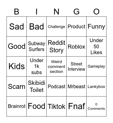 Youtube Shorts Bingo Card