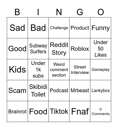 Youtube Shorts Bingo Card