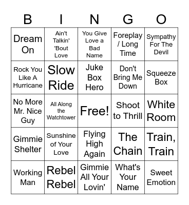 Classic Rock Bingo Card