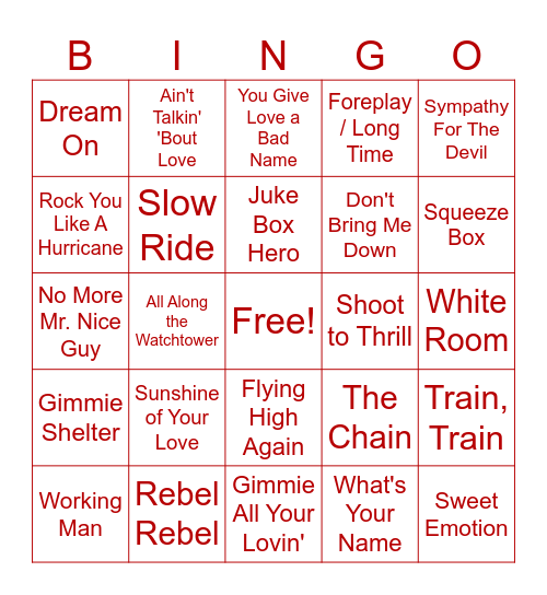 Classic Rock Bingo Card