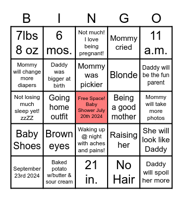 Mommy to be Bingo Card