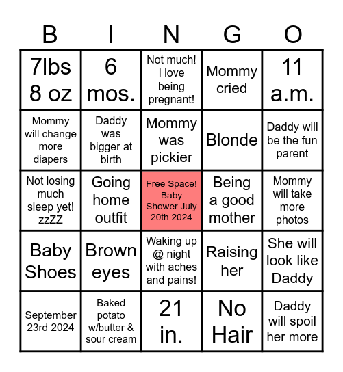 Mommy to be Bingo Card