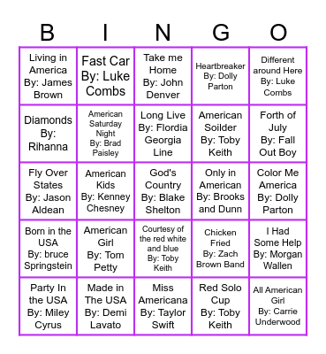 July 4th Music Bingo Round 1 Bingo Card