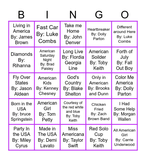 July 4th Music Bingo Round 1 Bingo Card