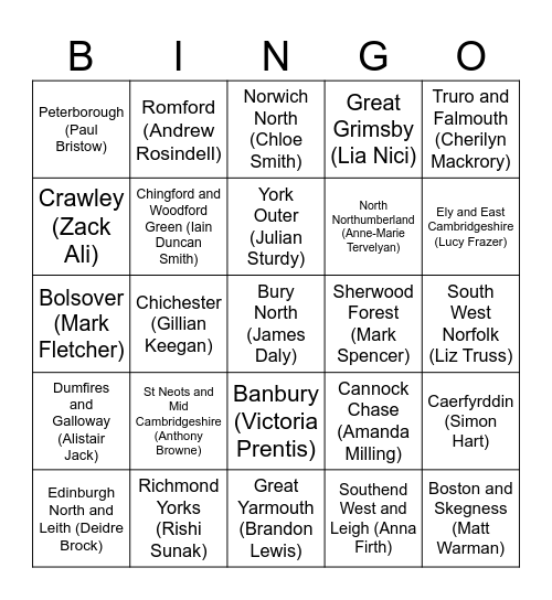 General Election 2024 Bingo Card