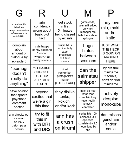 grumps play v3 Bingo Card